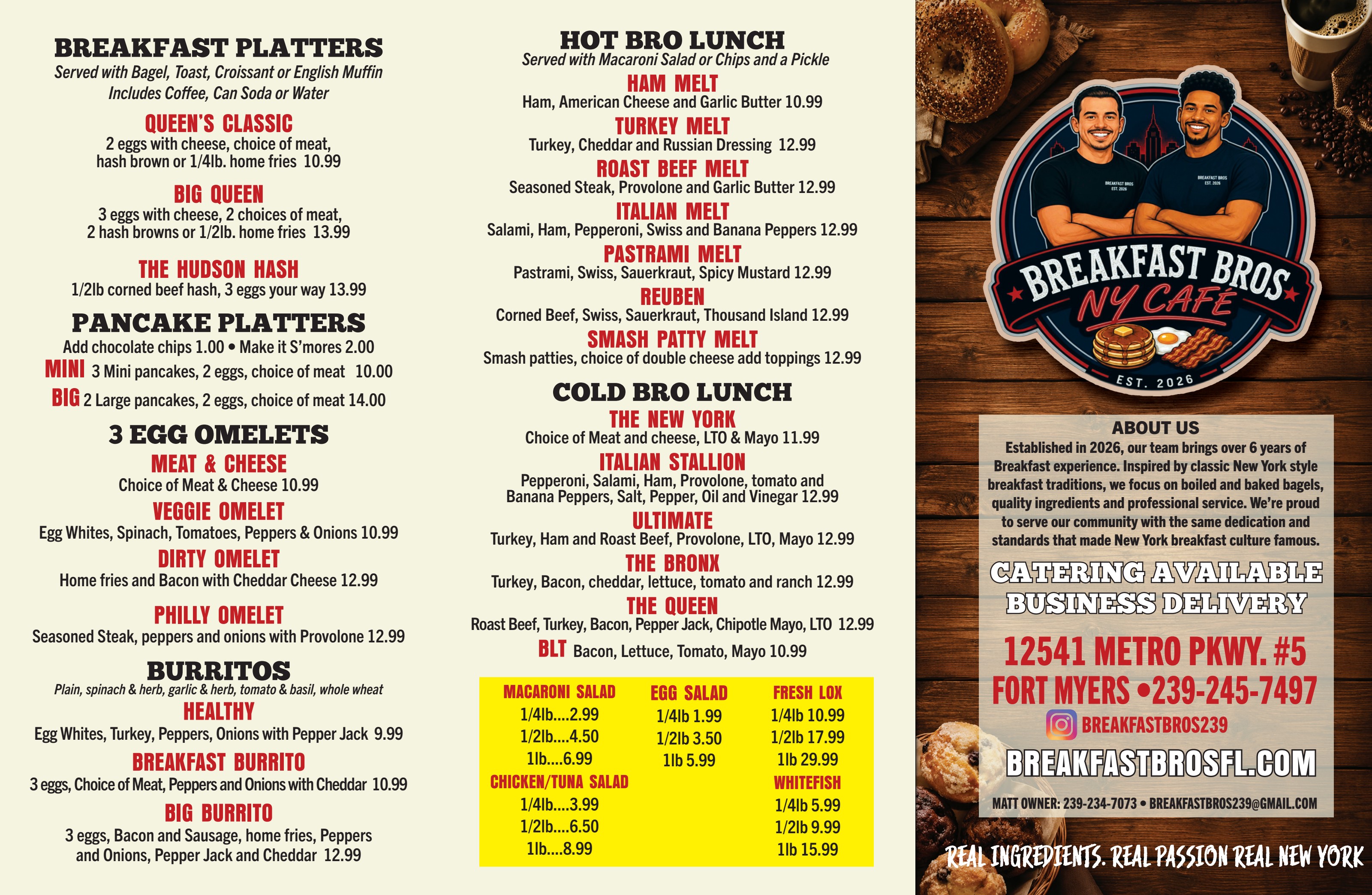 Breakfast Bros NY Cafe menu page two — breakfast platters, omelets, burritos, hot and cold bro lunches