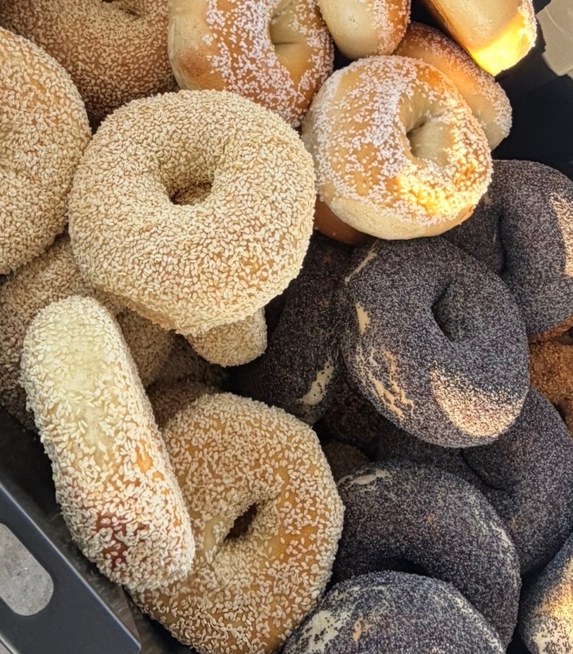 Tray of fresh sesame and poppy seed bagels at Breakfast Bros