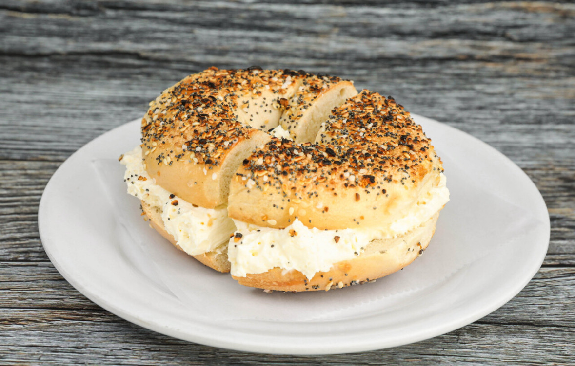 Everything bagel with thick plain cream cheese