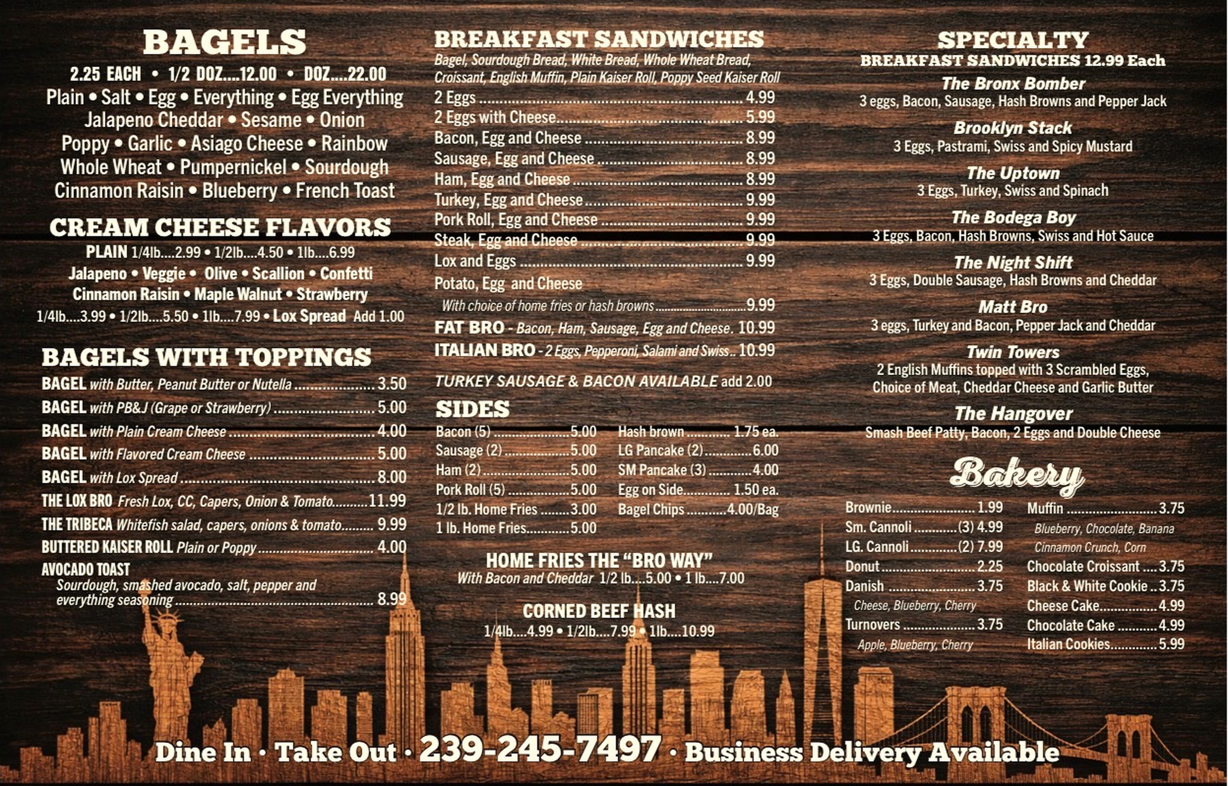Breakfast Bros NY Cafe menu page one — bagels, cream cheese flavors, breakfast sandwiches, sides and bakery