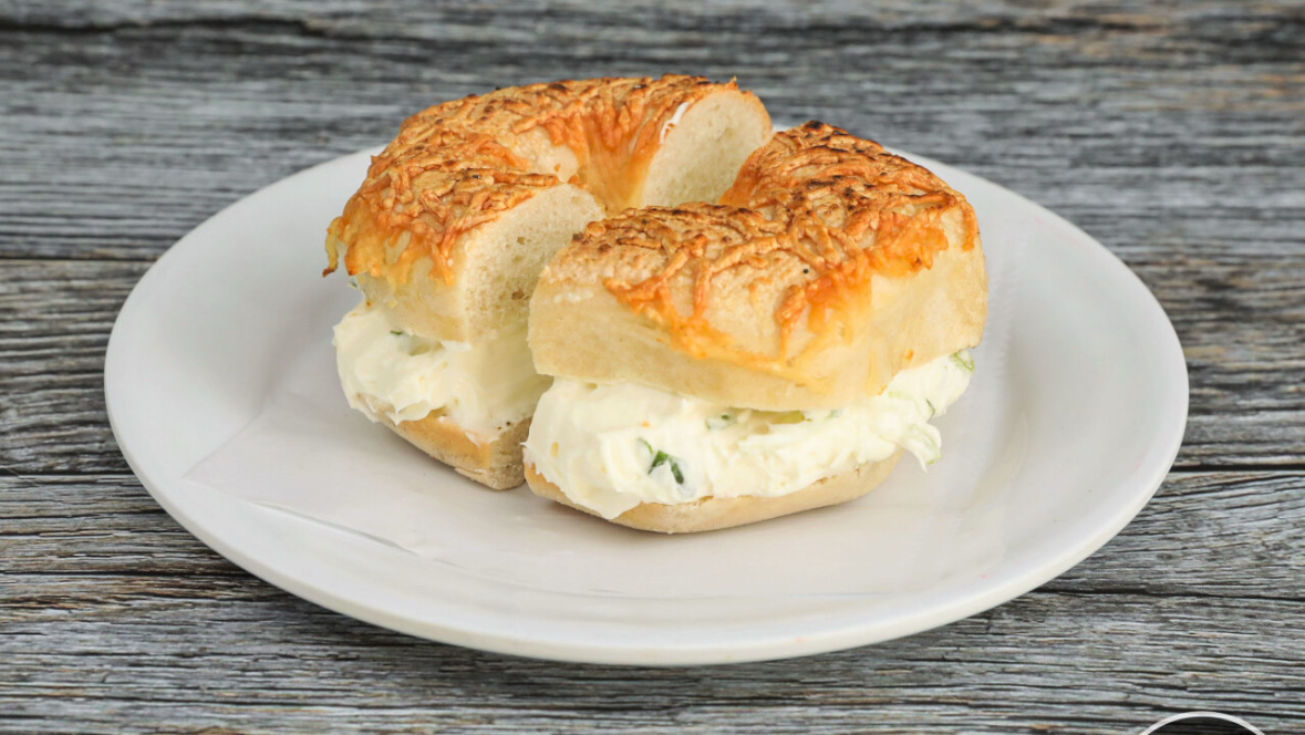 Asiago cheese bagel with scallion cream cheese