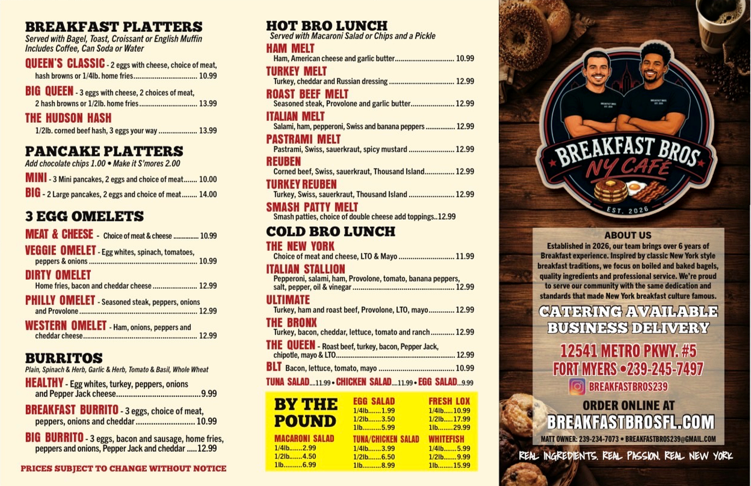Breakfast Bros NY Cafe menu page two — breakfast platters, omelets, burritos, hot and cold bro lunches