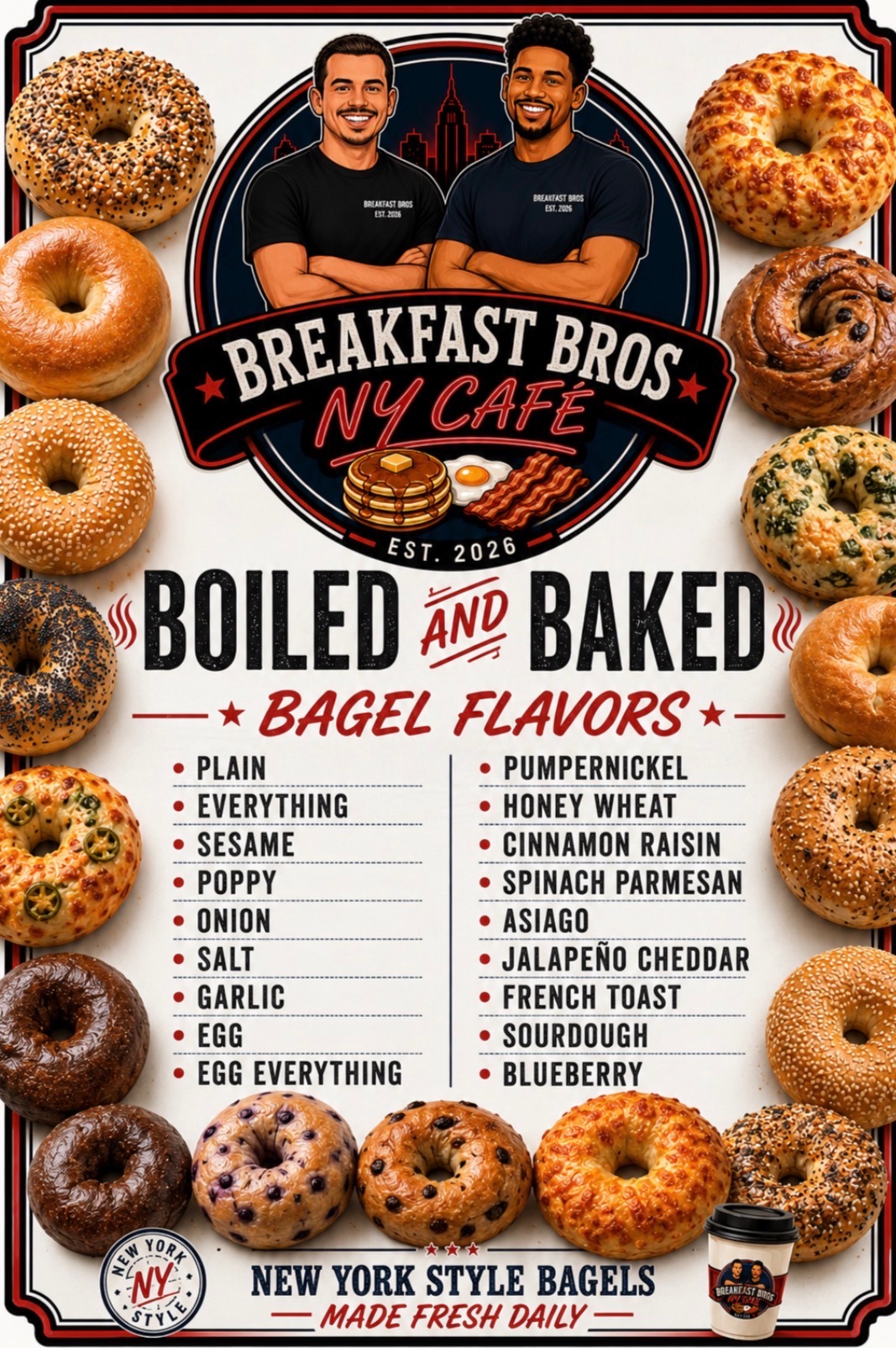 Breakfast Bros NY Cafe — boiled and baked bagel flavors poster