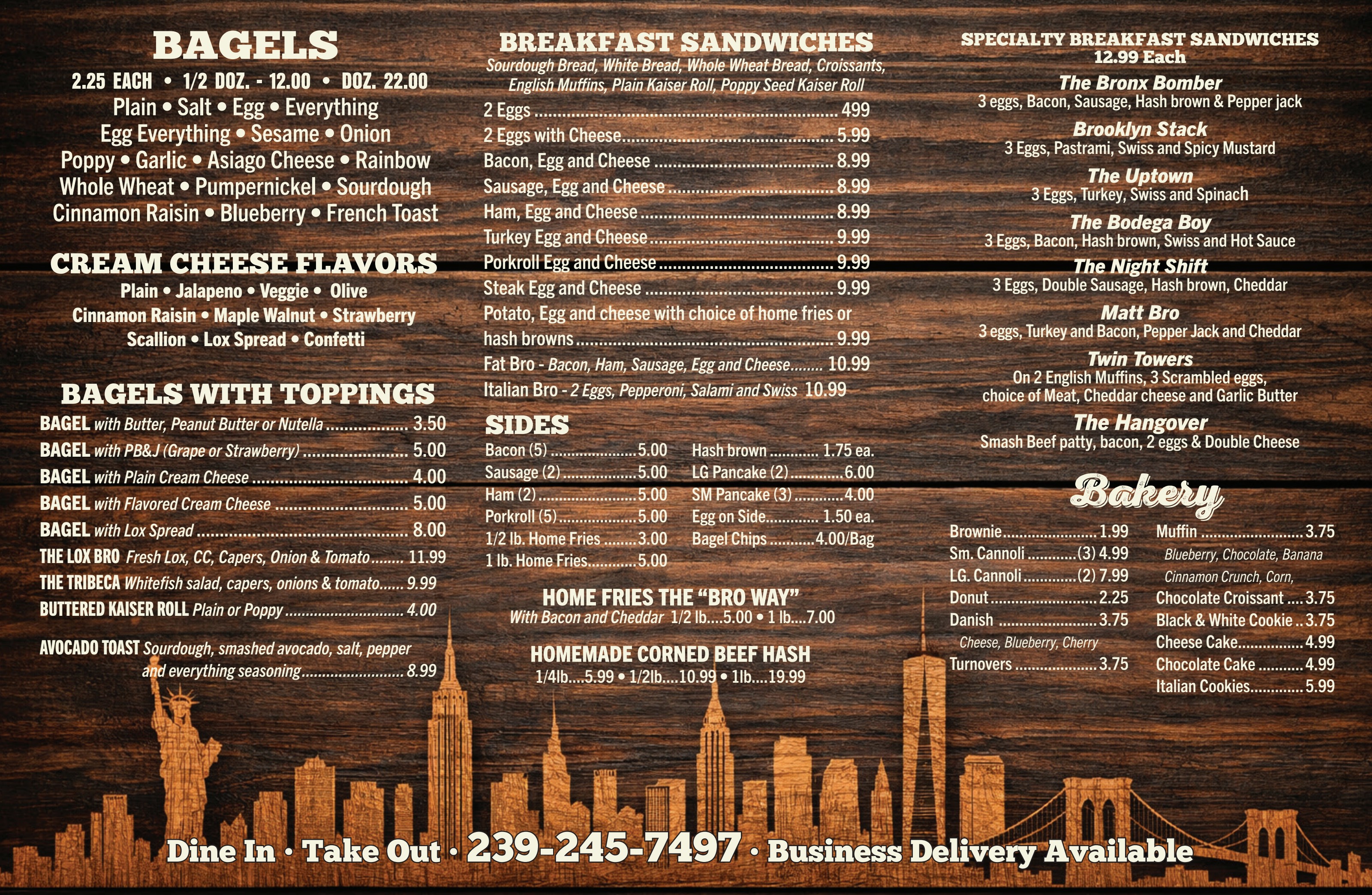 Breakfast Bros NY Cafe menu page one — bagels, cream cheese flavors, breakfast sandwiches, sides and bakery