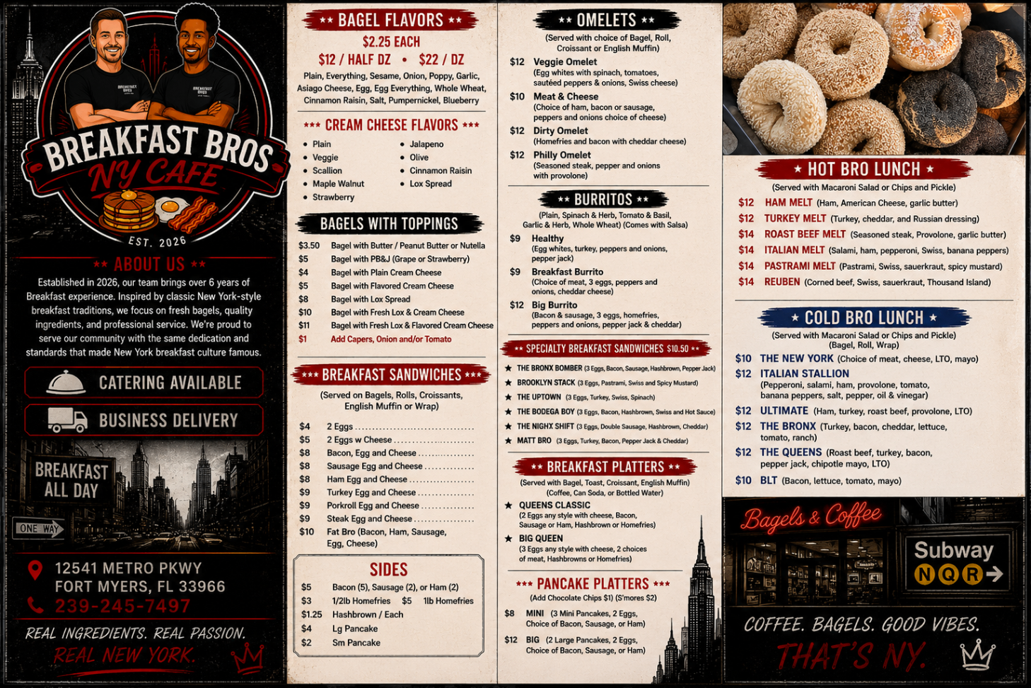 Breakfast Bros NY Cafe full menu — bagels, sandwiches, omelets, burritos, hot & cold bro lunches