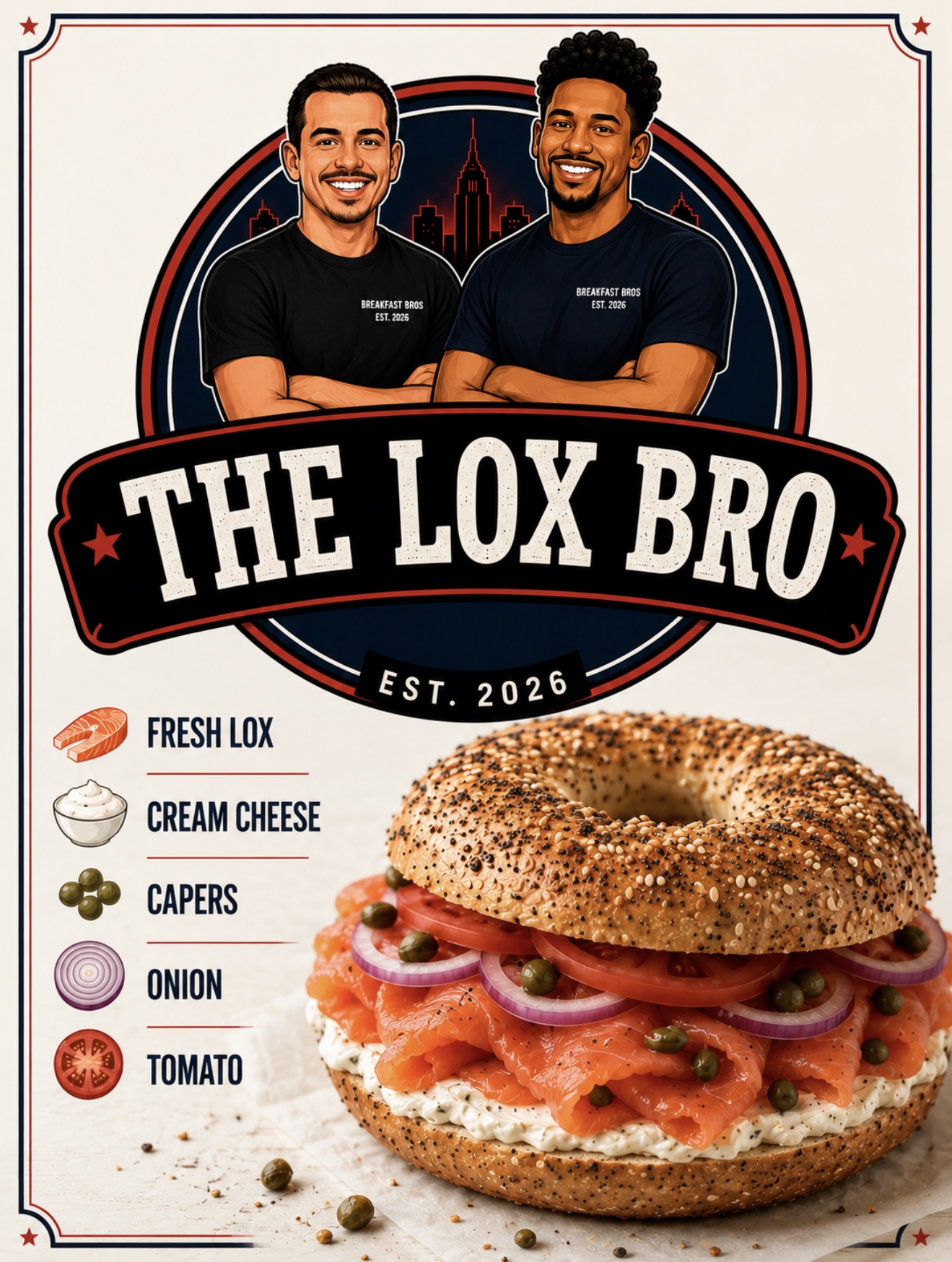 The Lox Bro everything bagel with fresh lox, cream cheese, capers, onion and tomato
